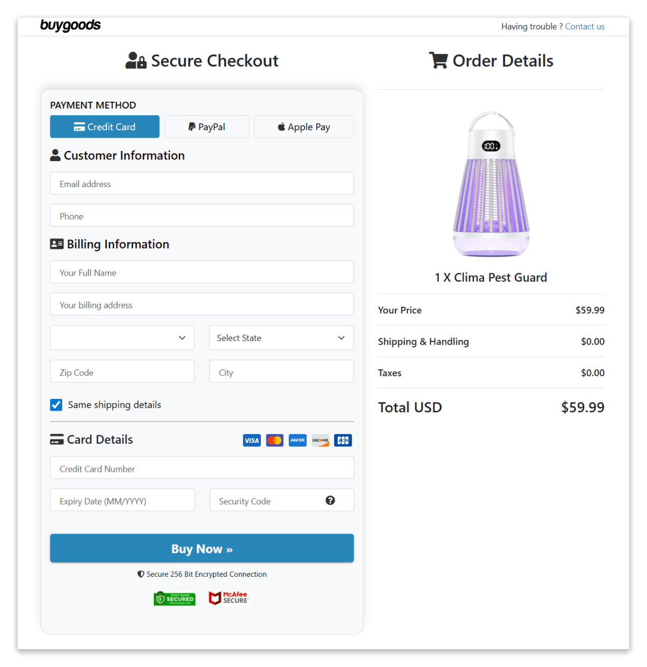 Clima Pest Gaurd secure checkout page